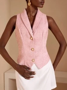 JIAN LASALA 粉色粗花呢披肩领纽扣无袖背心外套，女士秋冬优雅背心，泡泡纱女士度假装，2025年办公室工作上衣，女士特殊场合奢华时尚系列 - 淺粉色 - 查看 3