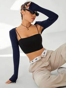 Comfortcana Spring Solid Crop Cardigan Without Cami Black Top In Fall/Winter - Navy Blue - View 7