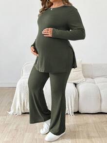 SHEIN 2 件套孕妇装加大码女式纯色圆领长袖侧开衩 T 恤和可调节腰部喇叭裤，休闲 - 軍綠色 - 查看 5