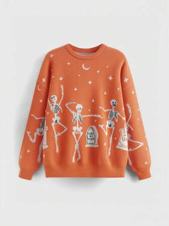 Goth Suéter casual de mujer de cuello redondo, manga larga y hombros caídos con estampado de calavera, para otoño/invierno