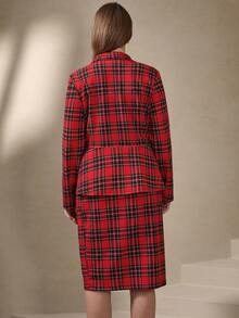 Chikora 加大码格子印花长袖上衣和半裙两件套西装裙套装格子套装红色格子连衣裙女装 - 黑與白 - 查看 2