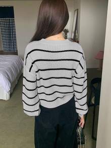 SHEIN TEENGIRL 灰色条纹基本款休闲圆领宽松灯笼袖毛衣，返校，学院风，家居服针织套头衫针织毛衣灰色毛衣可爱毛衣毛衣青少年条纹毛衣秋冬女装 - 灰色 - 查看 4