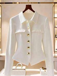 Franclia Damska jednorzędowa marynarka w jednolitym kolorze, z długim rękawem, metalowym wykończeniem i falbaną, elegancka, jesienna - Biały - Zobacz 1