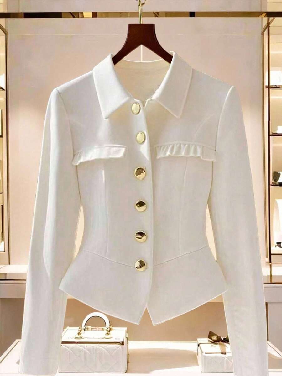 Franclia Damska jednorzędowa marynarka w jednolitym kolorze, z długim rękawem, metalowym wykończeniem i falbaną, elegancka, jesienna - Biały - Zobacz 1