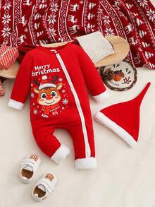 SHEIN Playful Pals Baby Jungen süßes Weihnachtsmuster bedruckter Fleece-gefütterter Romper mit Druckknopfverschluss und Mütze, Herbst/Winter