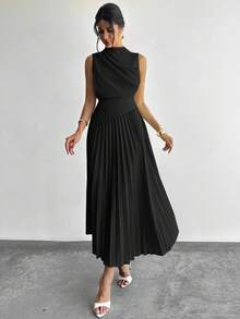 Firerie 女士优雅荷叶边无袖摆领 A 字裙/伞裙/返校/校服/派对/复古风女装/外出装/女士派对装/女士办公室装/仿杏色裙 - 黑色 - 查看 8