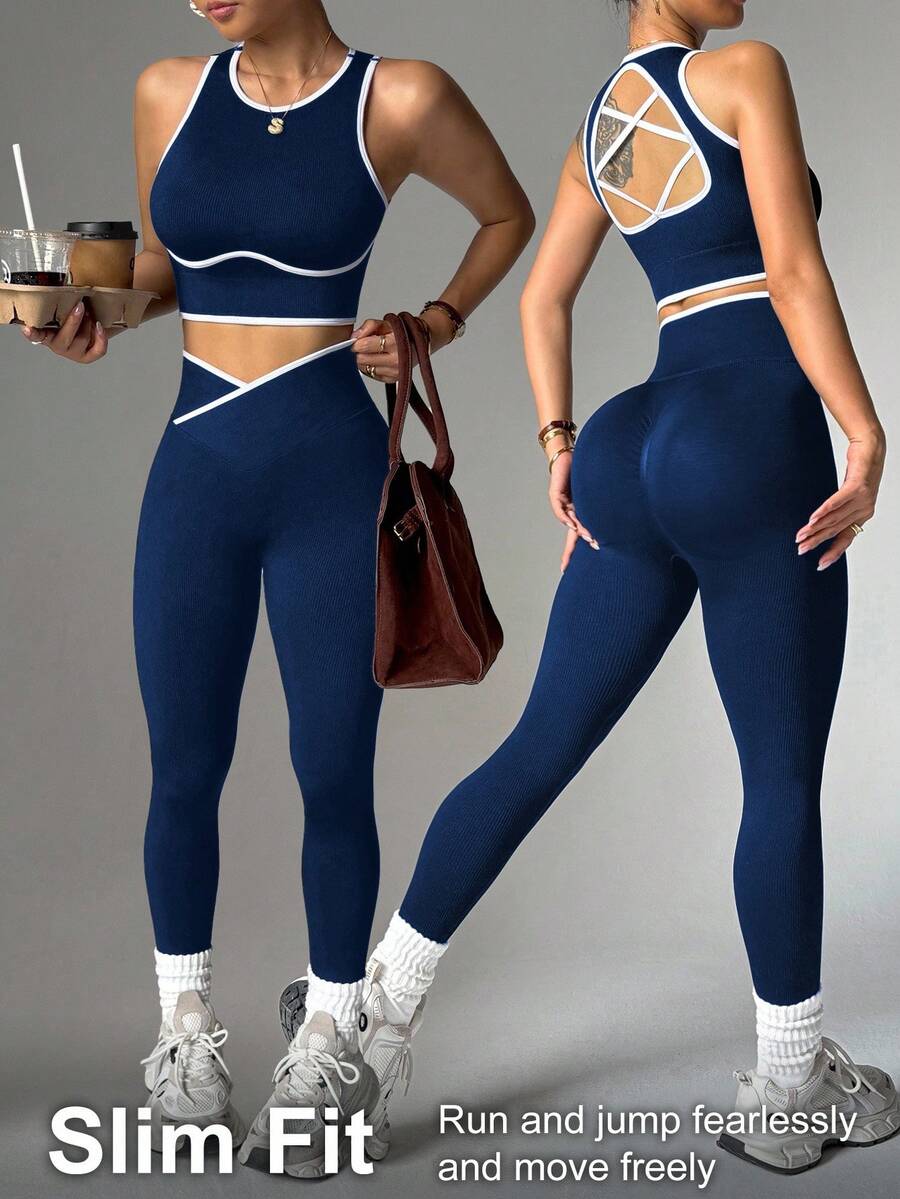 Dewbera 女式撞色镶边圆领露背上衣和高腰裤运动套装 - 藏蓝色 - 查看 1