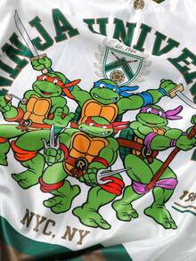 ROMWE MEN TEENAGE MUTANT NINJA TURTLES X ROMWE 男士休闲拼色海龟印花V领长袖T恤，秋季 - 白色 - 查看 6