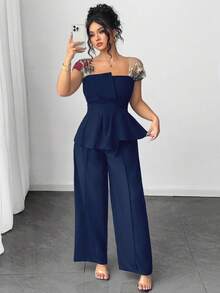 Elenzga Bộ 2 món áo lưới thêu họa tiết chắp vá bất đối xứng và quần ống rộng cho nữ cỡ lớn - Màu xanh hải quân - Xem 1