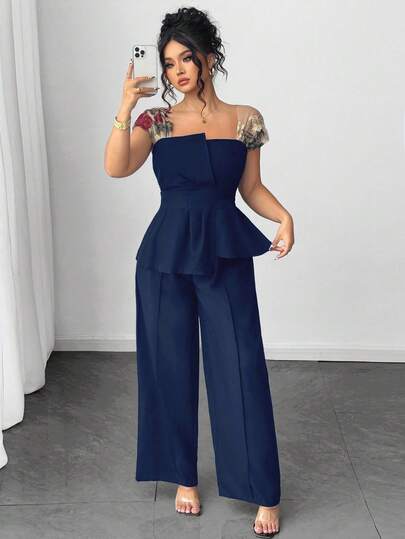 Elenzga Plus Size Women Waist Cincher Asymmetric Patchwork Embroidery Mesh Shirt & Wide Leg Pants 2 Pieces Set