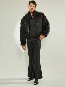 FeverCity Áo khoác lông giả màu trơn cho nam, thời trang cho mùa thu/đông - màu đen - Xem 3