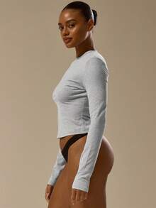 MUSERA ESSENTIALS Cotton Blend Fitted Long Sleeve Crewneck Top Basic Essential Spring Summer Holiday - Grey - View 3
