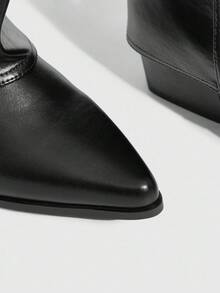 CUCCOO SZL Bottes hautes à bout pointu et enfiler pour femmes, en cuir lisse noir avec talon épais, mi-mollet, sexy et polyvalentes