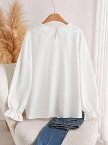CosyJoli 大码休闲荷叶边彼得潘领泡泡袖衬衫 - 白色 - 查看 2