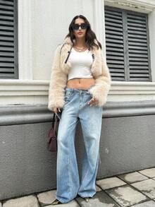 Firerie 女士时尚现代通勤休闲性感派对领短款杏色仿皮草大衣，秋冬 - 杏色 - 查看 8