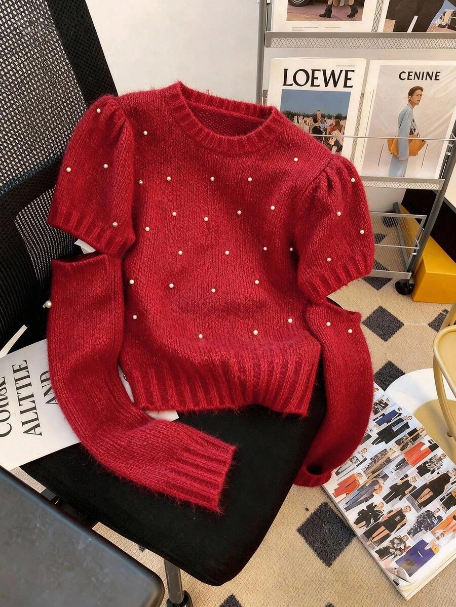 GlowEve Neuer modischer europäischer und amerikanischer Stil gemischte Farbe chic vielseitiger handgefertigter Perlstrick Roter Pullover