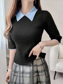 FRIFUL Women's Contrast Ribbed Pearl Button Embellished Knit Top - Blue - View 4