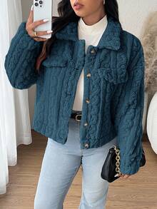SHEIN Frenchy Plus Size Solid Color Front Button Casual Versatile Long Sleeve Jacket Autumn Winter Clothes For Women - Dark Green - View 1