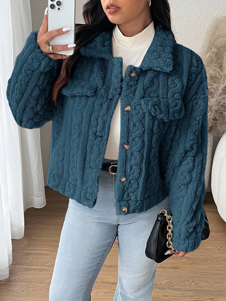 SHEIN Frenchy Plus Size Solid Color Front Button Casual Versatile Long Sleeve Jacket Autumn Winter Clothes For Women - Dark Green - View 1