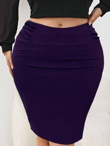 SHEIN Tall CURVE Plus Size Solid Color Pleated Bodycon Elegant Skirt - Purple - View 4