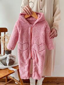 SHEIN 婴儿毛绒小熊连帽连体衣，秋冬季婴儿连体衣 - 粉色 - 查看 1