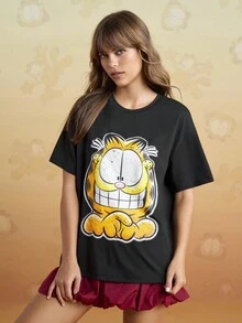 GARFIELD | SHEIN Women's Casual Vintage Cartoon Cat Print Round Neck Short Sleeve T-Shirt, Summer - Black - View 3