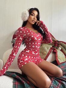 SHEIN 圣诞几何印花，小鹿，雪花，爱心卡通可爱女孩长袖睡衣连体衣，秋季圣诞睡衣，冬季 - 紅色 - 查看 6