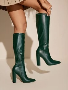 Daringsoles Pointed Toe Chunky Heel Autumn/Winter Boots, Elastic Tight Fitting Black Side Zipper Sexy Women's Over-The-Knee Leather Boots For Christmas - Green - View 10