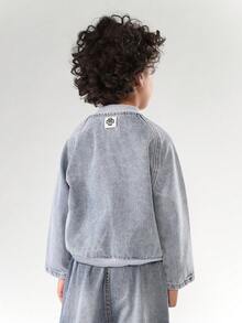 SUMWON Kids Denim Bomber Jacket Light Wash Retro Style Classic Outwear Ribbed Elastic Casual Streetwear Winter Spring Fall Daily Wear Youth Fashion - Blue - View 2