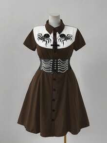 Sunspun Punk Chic Fashion Collared Casual Versatile Contrast Color Spider Print Waist Flare A-Line Dress - Brown - View 3
