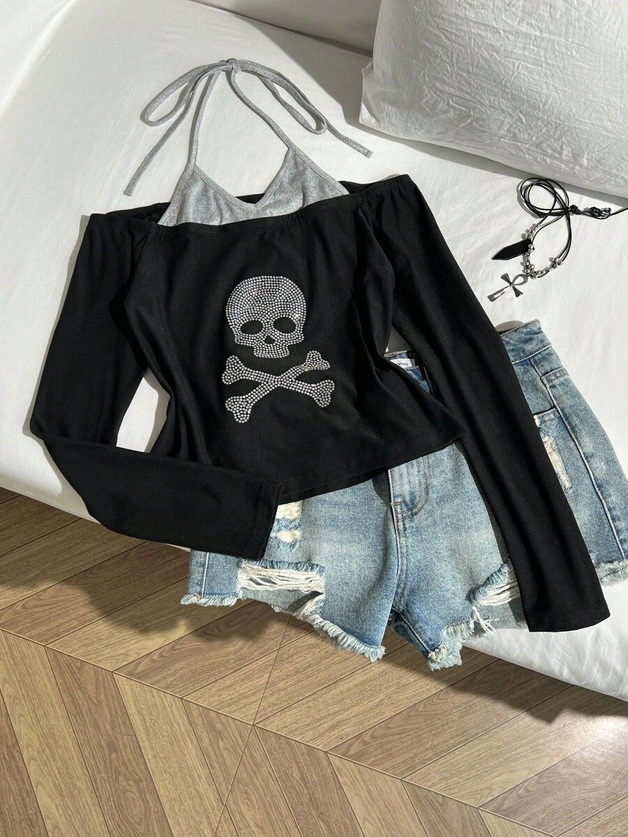 Elamini Women's 2 In 1 Rhinestone Skull Patchwork Camisole Long Sleeve. Gothic And Y2K Style. Autumn. Halloween Essentials. - Black - View 1