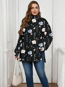 EMERY ROSE Plus Size Retro Floral Pattern High Collar Drop Shoulder Slit T-Shirt Winter Clothing Going Out New Women's Clothing Festival Wear - Multicolor - View 5