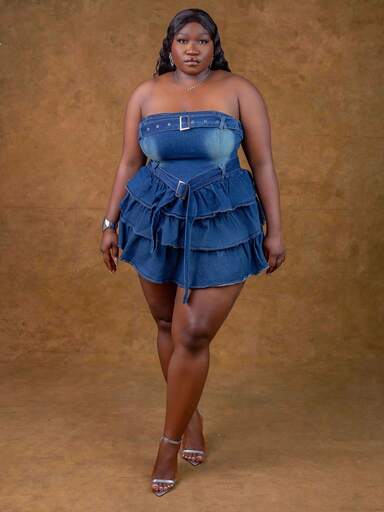 CurvyTilda Plus Size Women Casual Buckle Belted Layered Ruffle Hem Strapless Denim Dress, Fashionable For Going Out, For Hourglass Body Shape