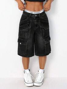 SHEIN ICON 女士多口袋宽松阔腿五点式牛仔短裤 - 黑色 - 查看 3