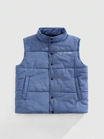 Prep Gilet matelassé style collège décontracté pour hommes, avec broderie de lettre et imprimé à carreaux, col montant. Automne/Hiver
