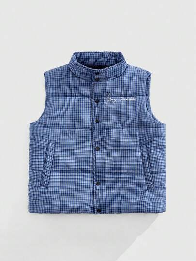 Men's Casual College Style Prep Letter Embroidery Plaid Print Stand Collar Padded Vest, Autumn/Winter