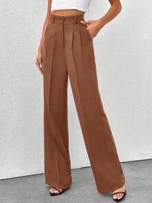 SHEIN Tall 高腰女式纯色阔腿裤 - 棕色 - 查看 3