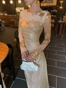 Đầm midi xếp tầng, thêu hoa đính sequin thanh lịch dành cho nữ. - trắng - Xem 4