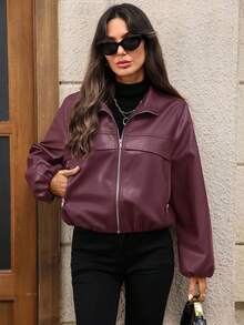 Chaqueta corta de cuero sintético con cremallera para mujer, ropa de mujer de otoño, chaqueta de cuero, chaqueta corta, chaqueta bomber de mujer, ropa exterior de mujer, chaqueta marrón - Burdeos - Ver 8