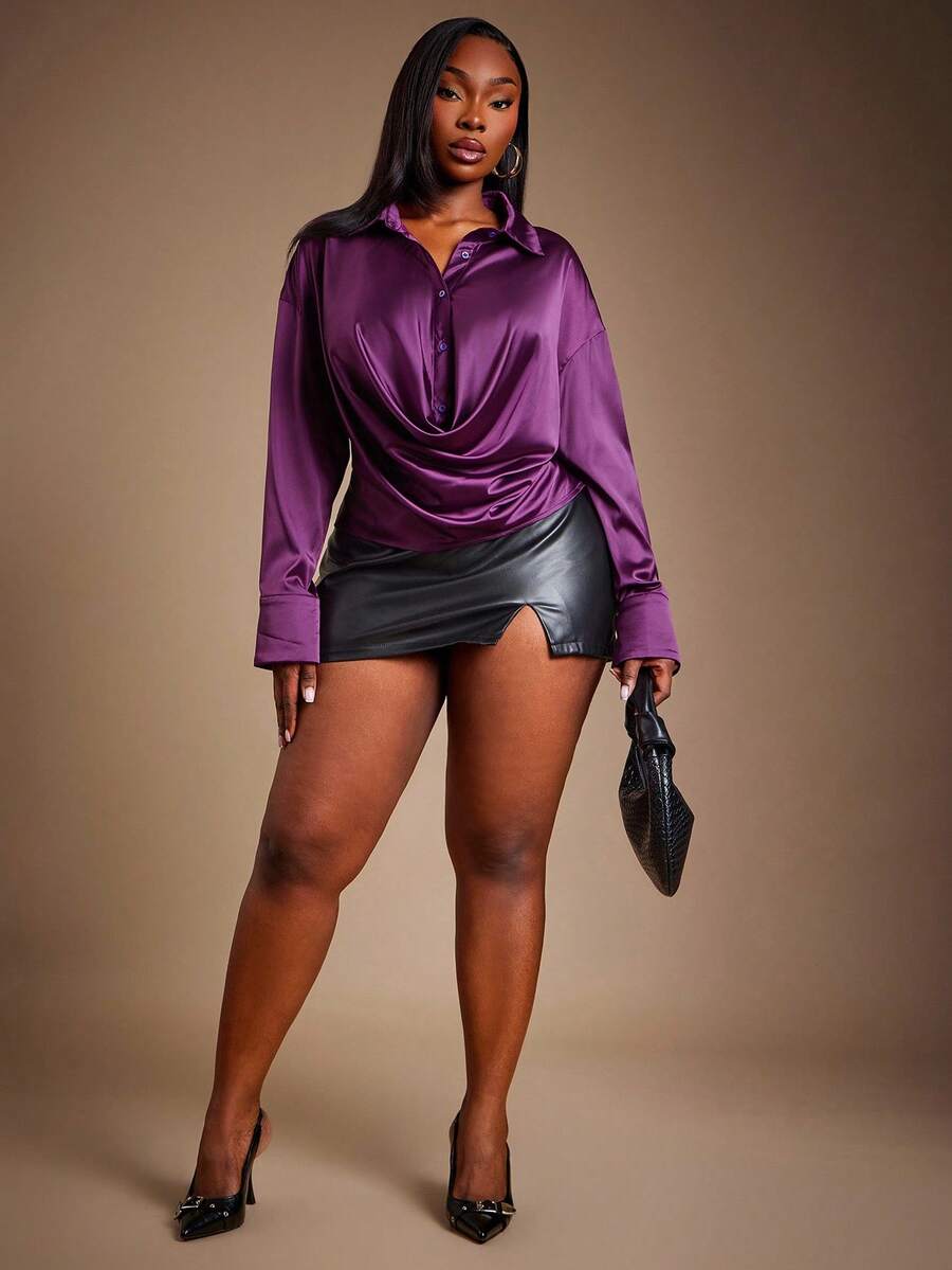 SHEIN SXY Plus Size Women's Autumn/Winter New Sexy Elegant Purple Plunging Neckline Satin Blouse