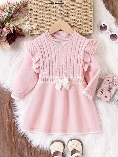 Baby Girls Ruffled Collar Twist Rope Knitted Long Sleeve Sweater Dress, Comfortable For Autumn/Winter, Apricot Color, Fashionable & Versatile For Daily, Home, Outdoor, Travel Pink Knit Dress Baby Girl Long Sleeve Baby Girl Dress Baby Girl Clothes Pink Knit Warm Dresses For Baby Girl Knitted Baby Girl Dress