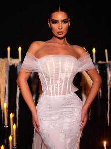 Glamrae Váy đuôi cá ren thêu trễ vai sang trọng thanh lịch có đuôi dài, phù hợp cho đám cưới, sự kiện, tiệc độc thân, kỳ nghỉ, dạ tiệc, tuần trăng mật, váy cưới - Màu be - Xem 3