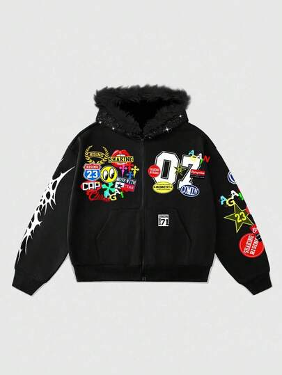 Men Loose Fit Short Sweatshirt With Shiny Sequin Fur Collar, Streetwear, Fall