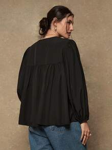 Freevana Áo cánh tay đèn lồng thêu khoét rỗng cỡ lớn cho nữ thời trang rộng rãi - Màu xanh lam - Xem 5