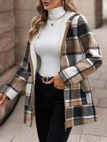 SHEIN 女士优雅成熟连帽格子仿皮毛拉链口袋常规夹克 - 灰色 - 查看 3