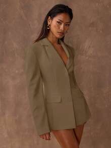 SHEIN BAE 女士纯色腰部收紧西装外套，适合通勤 - 卡其色 - 查看 7