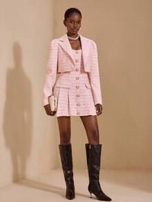 JIAN LASALA 多色斜纹软呢尖领长袖短款夹克，女士秋季优雅粉色早午餐装，商务休闲装，优雅外套，特殊场合必备，奢华时尚系列 - 粉色 - 查看 1