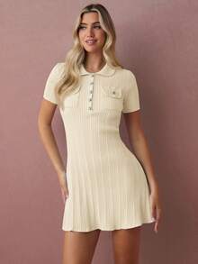 Enchnt Women's Solid Color Polo Collar Short Sleeve Casual Knit Dress - Apricot - View 5