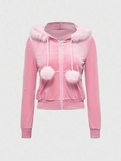 ROMWE Avant sweat-shirt à capuche en velours orné de strass couronne Y2K pour femmes