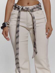 MUSERA Fitted Flare Denim Jeans With Cross Over Animal Print Tie Belt Sexy Going Out Autumn Fall Night Out Winter Cute Streetwear Feraux  Chic - Khaki - View 6